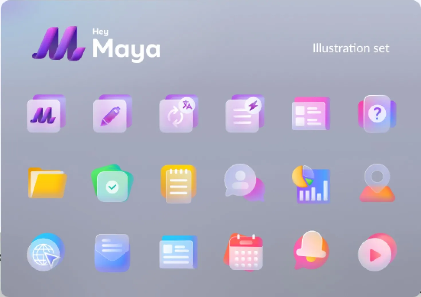 A set of eighteen dimensional illustrated icons in a purple palette