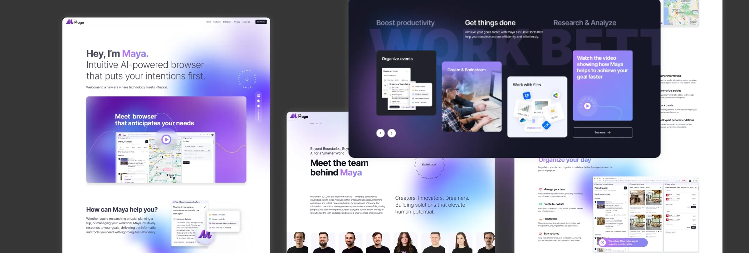 Maya website pages: the home page, a features block on a dark background, the team page